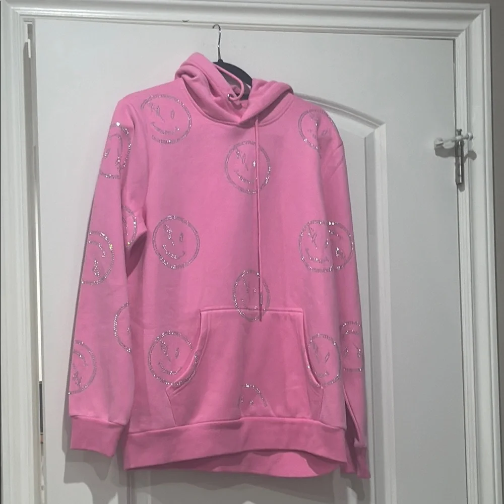 Celeb loved RETRO VERT Pink Hoodie with rhinestone Smiley Face Design - UNISEX - Picture 7 of 7